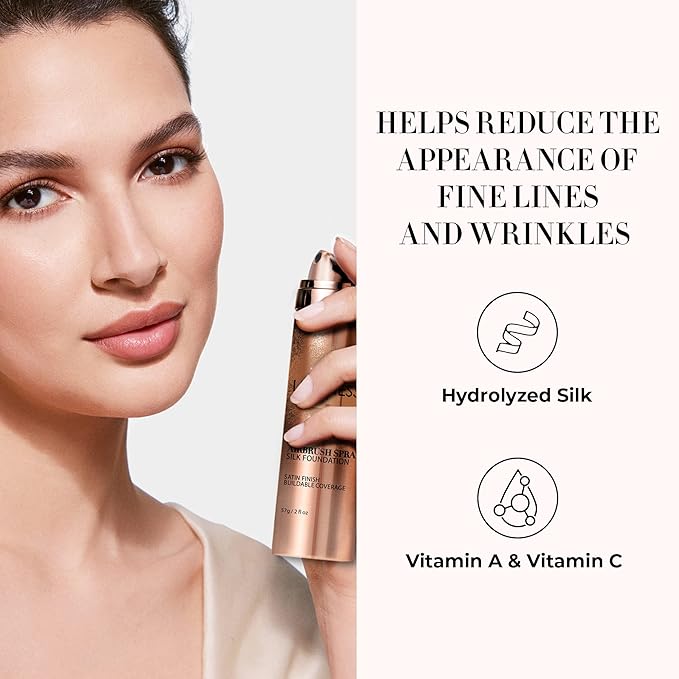 LUMINESS Silk Airbrush Spray Foundation & Buffing Brush Kit – Full Coverage Foundation & Dual-Sided Buffing Brush - Buildable Coverage, Anti-Aging Formula Hydrates & Moisturizes (Shade - Rich Dark)-BrightBean Baby