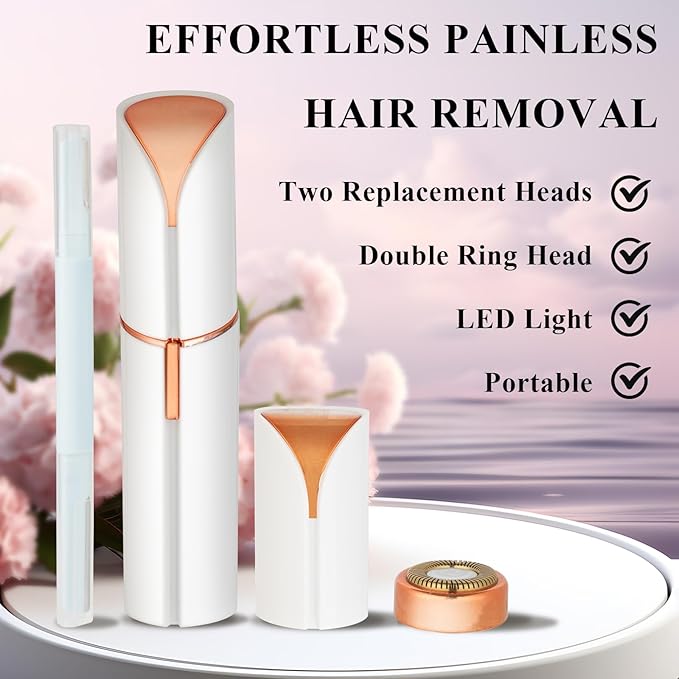 Facial Hair Removal for Women Men,Electric Painless Hair Removal Device Included 2 x Replacement Heads,USB Rechargeable Lady Womens Face Shaver with LED Light for Lip,Chin,Arms (White)