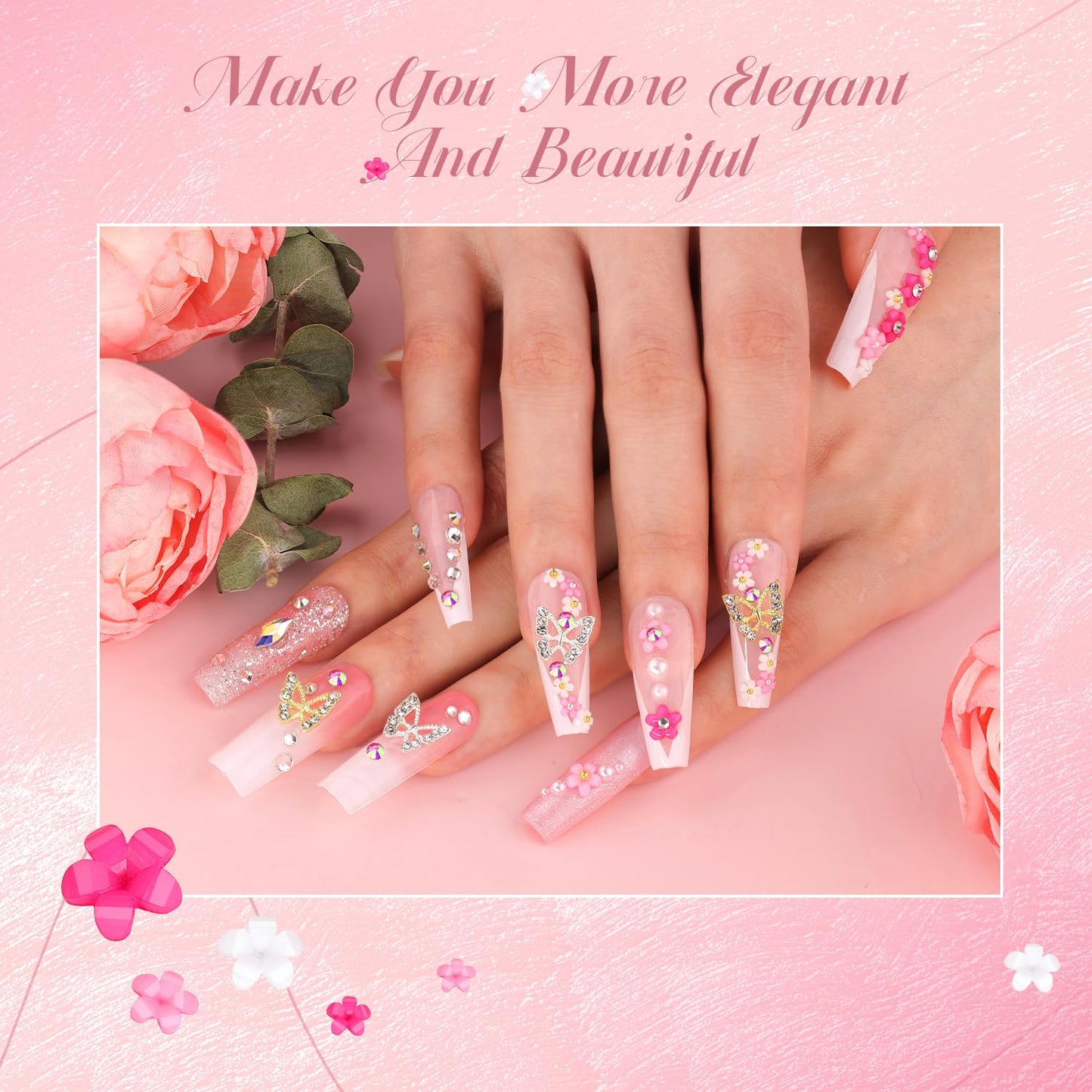 3D Nail Charms and Gems Set 5, 75PCS Chunky Coquette Pink and White Bow Nail Charms + Kawaii Cute 3D Flowers for Nails + Clear and AB Glass Rhinestones + Flatback Pearls for Y2K Acrylic Nail Design-BrightBean Baby