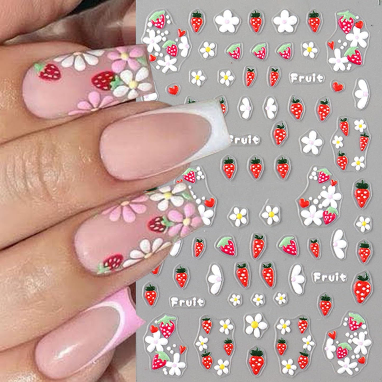 5 Sheets Autumn Winter Flower Nail Art Stickers 3D Self-Adhesive Nails Stickers Floral Strawberry Daisy Pattern French Tip Design Wine Red Brown Blue Gold 3D Decals Women DIY Nail Art Decoration-BrightBean Baby