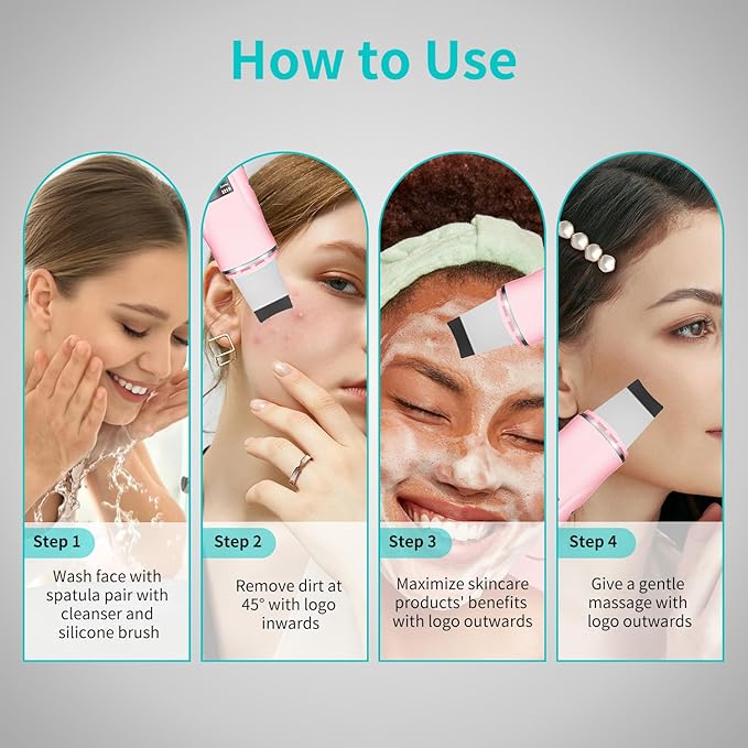 Skin Scrubber Facial Spatula - 4-in-1 Deep Cleansing Tool for Pore Extraction, Fast Charging Dock Blackhead Remover Face Spatula for Facial Skincare Women Gift (Pink)-BrightBean Baby