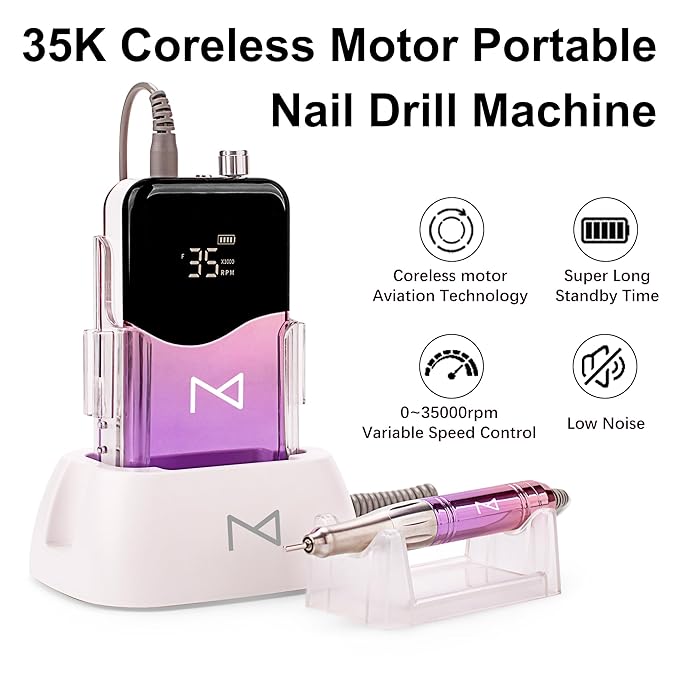 M Mase- Professional Nail Drill Machine - Coreless 2-in-1 Nail File - Electric, Cordless, 35000 RPM, HD Display - Electric Nail Drill for Professional & Home Use (Pink Gold)-BrightBean Baby