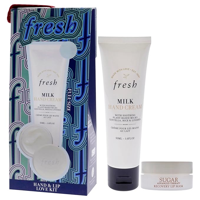 Fresh Hand And Lip Love Kit for Women - 2 Pc 1.6oz Milk Intensive Hand Cream, 0.3oz Sugar Recovery Lip Mask Advanced Therapy-BrightBean Baby