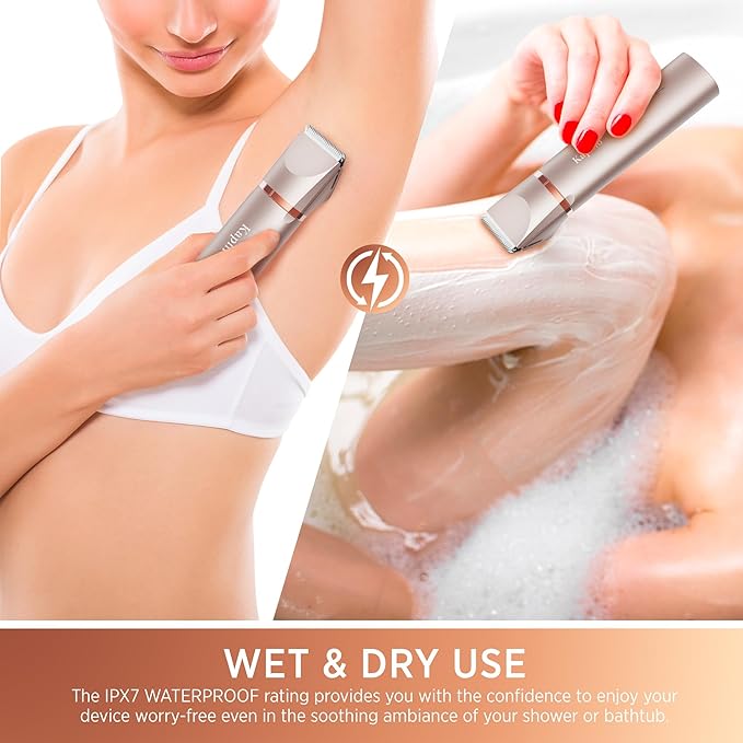 Electric Bikini Trimer Shaver Women: 2 in 1 IPX7 Waterproof Wet & Dry Use Body Hair Trimmer and Facial Hair Remover - Rechargeable Hair Removal Kit for Bikini Underarm Leg Arm Body Face