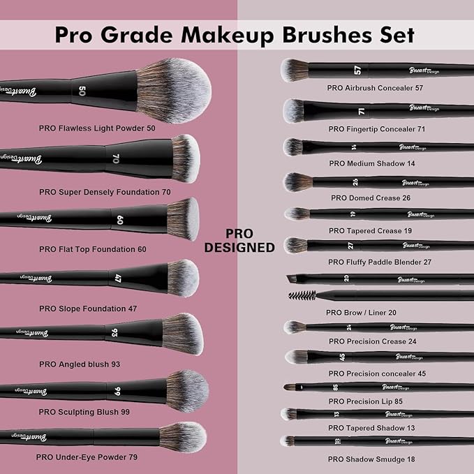 Bueart Design 19Pcs Professional Grade Labeled Makeup Brushes Set, Large Foundation Powder Contour Concealer eyeshadow Blush EyeLiner Make up Brushes,Premium Synthetic hair,Vegan Cruelty-free-BrightBean Baby