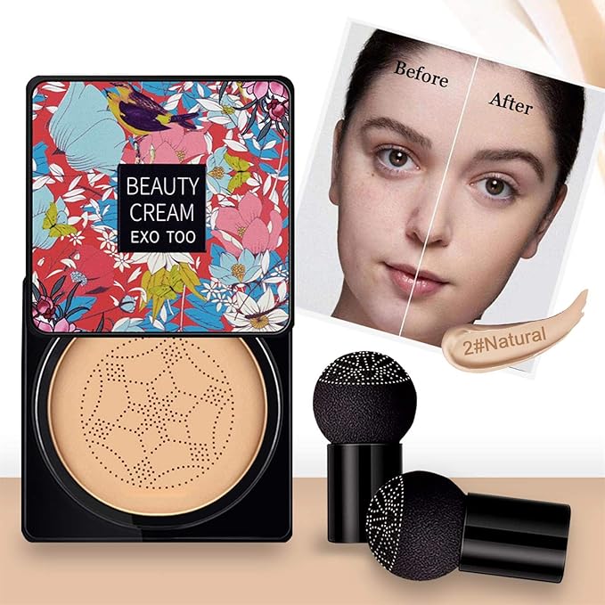 Mushroom Head Air Cushion CC Cream Foundation, Beauty Cream Exo Too BB Cream, Moisturizing, Long Lasting, Matte Concealer, Light Weight, WaterProof Liquid Foundation with 2PCS Mushroom Head-BrightBean Baby