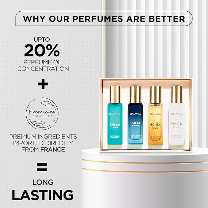 BellaVita Luxury Unisex Cologne Gift Set (4x20ml) | Fragrances Includes Honey OUD, SKAI, FRESH & White OUD | Travel Size Mini Perfumes & Spicy Vanilla Perfume Oil | Unisex Perfume for Women & Men-BrightBean Baby