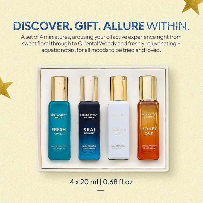 BellaVita Luxury Unisex Cologne Gift Set (4x20ml) | Fragrances Includes Honey OUD, SKAI, FRESH & White OUD | Travel Size Mini Perfumes & Spicy Vanilla Perfume Oil | Unisex Perfume for Women & Men-BrightBean Baby