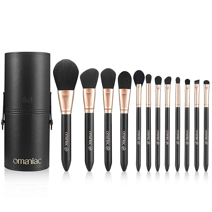 OMANIAC Makeup Brush Set Professional, 12 Pearlescent Wood Handle Makeup Brushes, Premium Cruelty-Free Synthetic Fiber Hair, Travel Make up Brushes Set with Case (Black).-BrightBean Baby