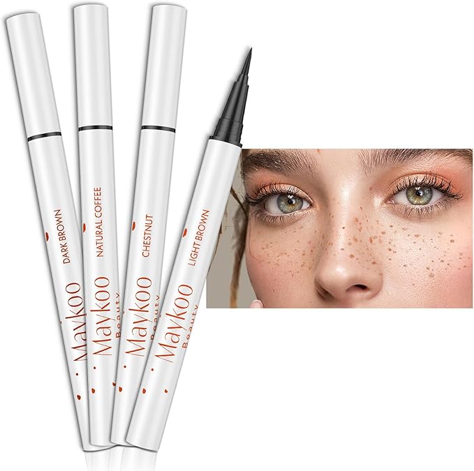 4 Colors Freckle Pen Set, Natural Lifelike Face Fake Freckle Stamp Makeup Pen Waterproof Long Lasting Quick Dry Faux Freckles Sun-kissed Makeup-Light Brown,Natural Coffee,Chestnut,Dark Brown-BrightBean Baby