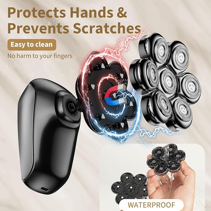 Detachable Head Shavers, SHPAVVER 5 in 1 Electric Razor IPX7 Waterproof for Bald Men, Wet Dry LED Display Rechargeable 7D Rotary Shaver Grooming Kit with Type C Charge A,Gray Black