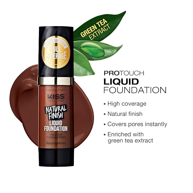 Kiss New York Professional Liquid Foundation - Lightweight and Hydrating Formula, Natural Finish, Control Shine, Cover Pores, Medium to Full Coverage, Green Tea Extract (Chestnut)-BrightBean Baby