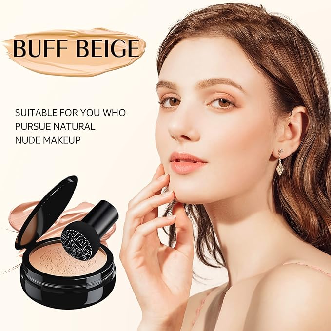 Mushroom Head Air Cushion CC Cream Foundation - Moisturizing & Long-Lasting BB Cream Concealer Makeup Base for All Skin Types, Brighten Long - Lasting Even Color Correcting Concealer (Buff Beige)-BrightBean Baby