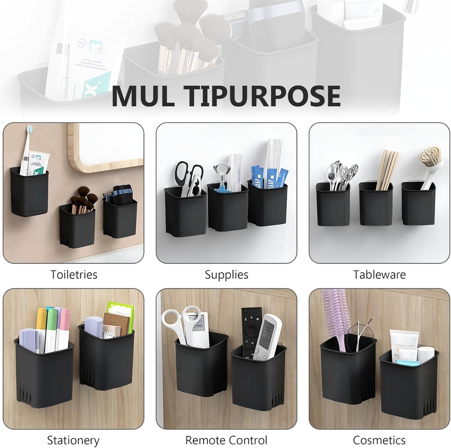 Toothbrush Holder Cup Wall Mounted Drill-Free for Bathroom Shower Electric Toothbrush Toothpaste Razor Holder Removable Waterproof Sturdy Self Draining, Tableware Holder for Kitchen(1pcs&Black)-BrightBean Baby