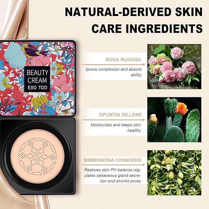 Beauty Cream EXO TOO Foundation, Beauty Cream Makeup Base, Moisturizing, Long Lasting Matte Air Cushion CC Cream Concealer with Two Mushroom Head Sponges-BrightBean Baby
