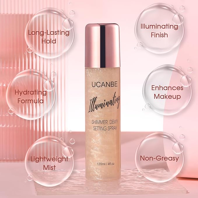 UCANBE Shimmer Dewy Setting Spray – Glowing + Makeup Setting Spray 2 in 1 Lightweight Formula for a Radiant Glow,Long-Lasting Face Mist for Face Body, 4 Fl Oz #Champagne-BrightBean Baby