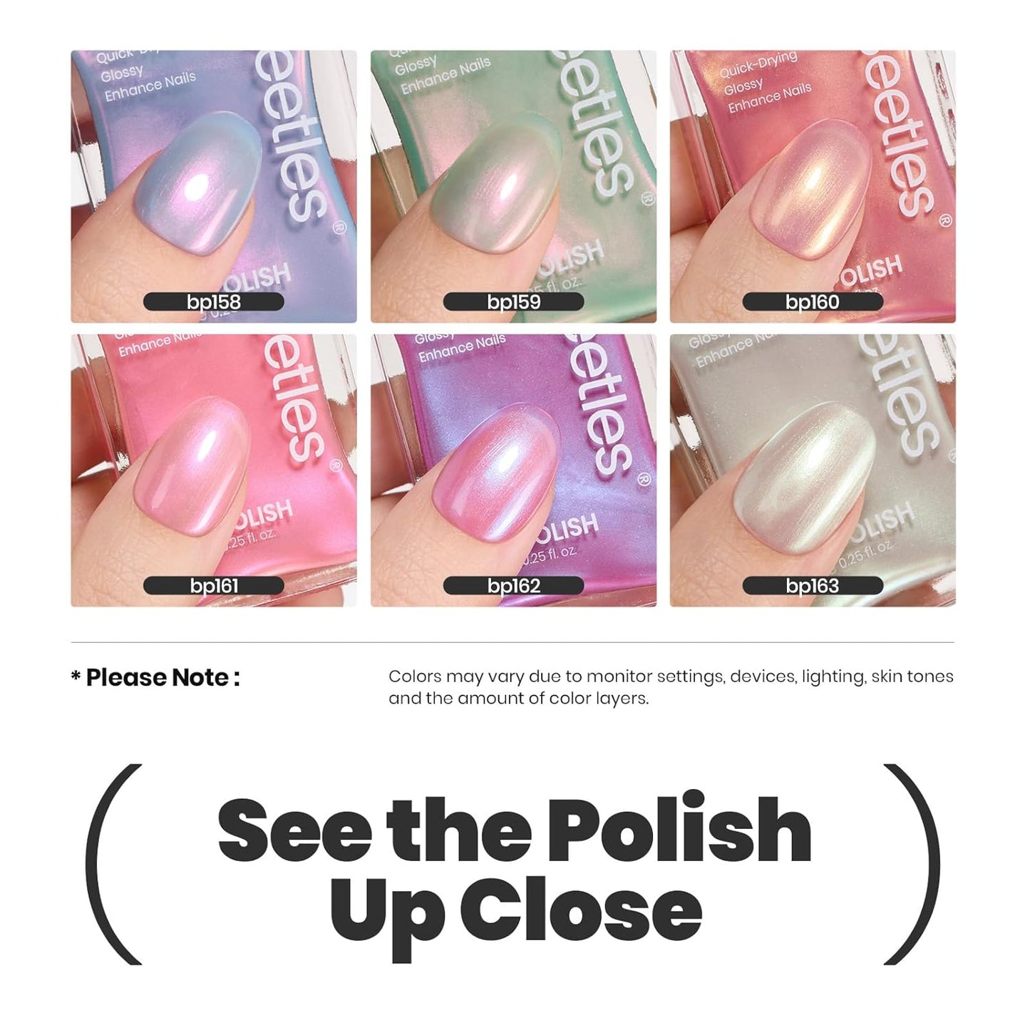 Beetles Pearl Nail Polish Set Mermaid Glow, 6 Colors Shimmer Pearl Pink Purple Quick Dry Nail Polish Long Lasting DIY Manicure Gift for Girls Women Nail Strengthener Polish-BrightBean Baby