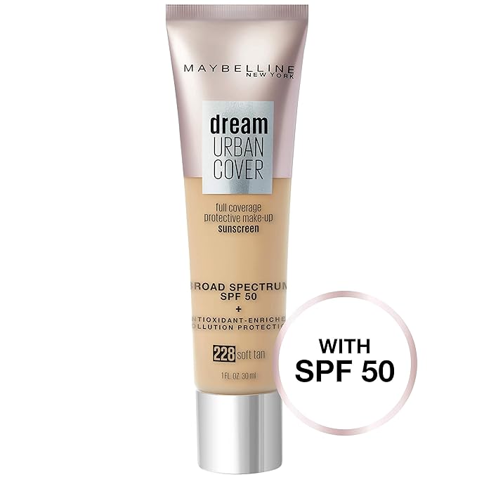 Maybelline Dream Urban Cover Flawless Coverage Foundation Makeup, SPF 50, Soft Tan-BrightBean Baby
