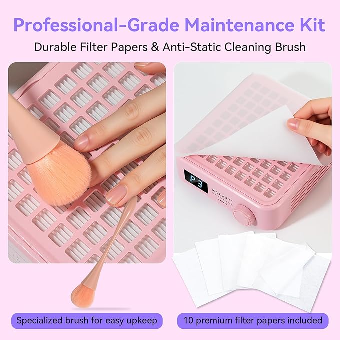 Makartt Professional Nail Dust Collector – Powerful Dust Collector Nail Tech Quite Suction Machine for Acrylic Nails Manicure & Pedicure Salon & Home Use Includes 10pcs Filters & Dust Brush Pink-BrightBean Baby