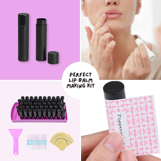 Lip Balm Filling Tray Kit - 1x Filling Tray, 1x Spatula, 50x Lip Balm Tubes (Black), 50x Writable Sticker (3 colors), 50x Printed Stickers (Transparent) - DIY Homemade Lip Balm - Gift Idea-BrightBean Baby