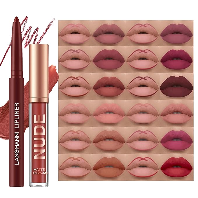 LANGMANNI 4pcs Matte Lipstick with Lipliners Durable Makeup Set,Long-Lasting Non-Stick Cup Not Fade Waterproof Pigmented Velvet Lipgloss Kit Beauty Cosmetics Makeup Gift for Girls(#1+2+8+11)