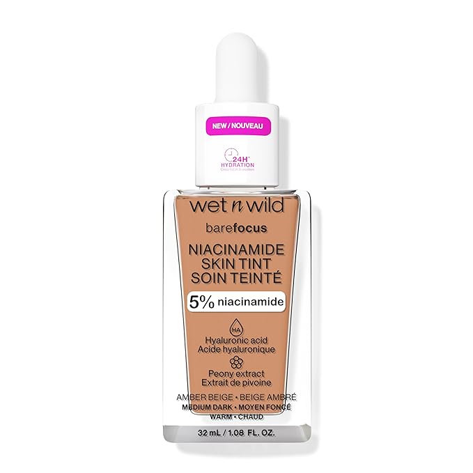 wet n wild Bare Focus Skin Tint, 5% Niacinamide Enriched, Buildable Sheer Lightweight Coverage, Natural Radiant Finish, Hyaluronic & Vitamin Hydration Boost, Cruelty-Free & Vegan - Amber Beige-BrightBean Baby