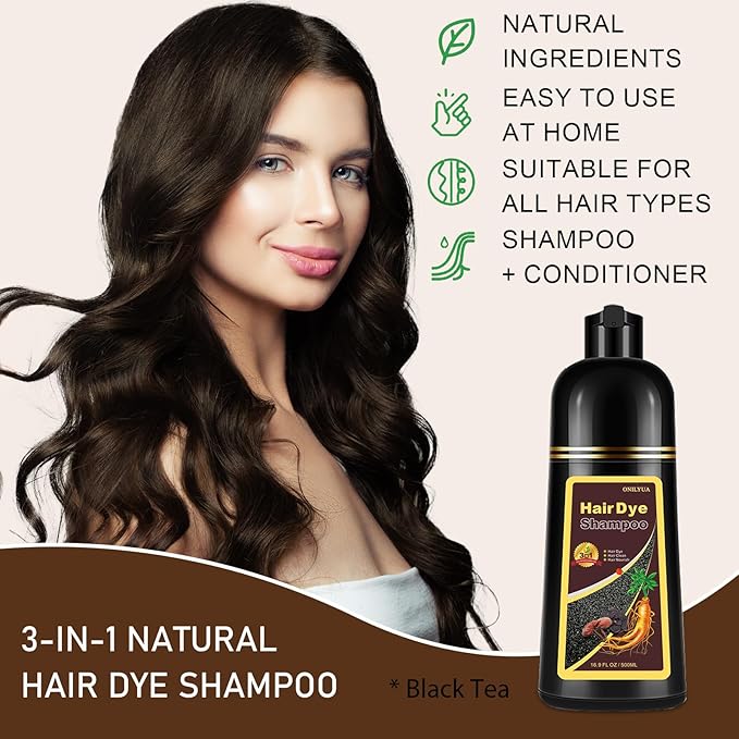 Natural Black Tea Hair Dye Shampoo 3-in-1, 100% Gray Hair Coverage in Minutes, Hair Instant Dye Shampoo for Women Men, Plant Based Hair Color Shampoo with Conditioner, Champu Con Tinte Para Canas-BrightBean Baby
