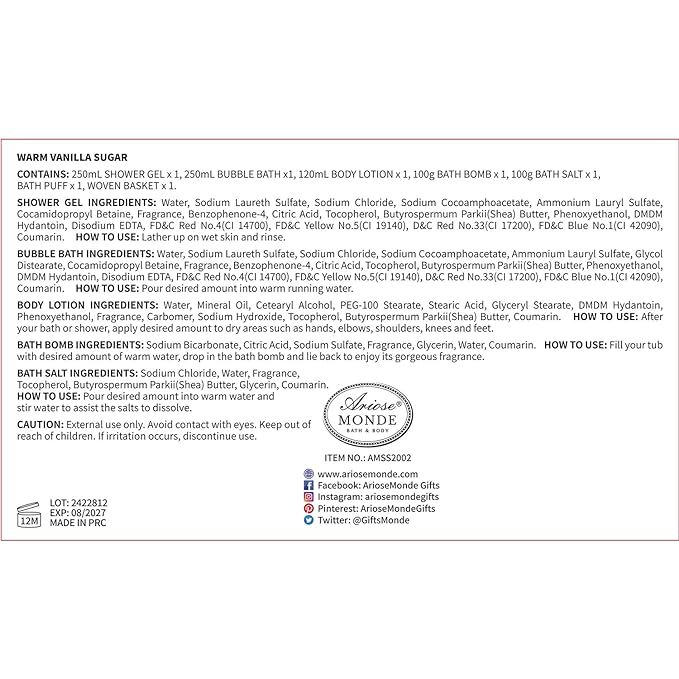 Bath and Body Warm Vanilla Sugar Spa Gifts for Women, with Shower Gel, Bubble Bath, Body Lotion, Bath Bomb, Bath Salt, Spa Basket Gift Set for Women, 7pcs Set Gifts-BrightBean Baby