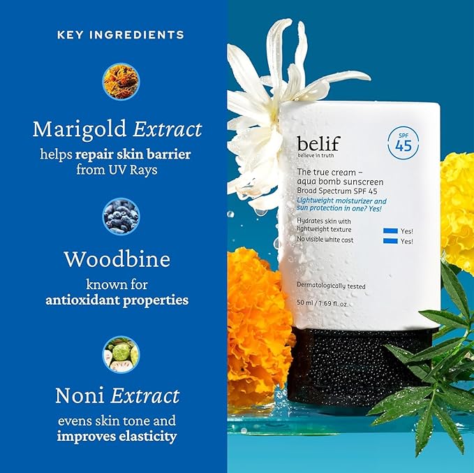 belif Aqua Bomb SPF 45 Hydrating Niacinamide Sunscreen (1.69 fl. oz) - The True Cream PA++++, Daily Broad Spectrum, No White Cast, Weightless & Invisible, Non-Greasy, Korean Skincare-BrightBean Baby