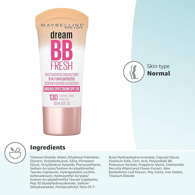Maybelline Dream Fresh Skin Hydrating BB cream, 8-in-1 Skin Perfecting Beauty Balm with Broad Spectrum SPF 30, Sheer Tint Coverage, Oil-Free, Medium/Deep, 1 Fl Oz-BrightBean Baby