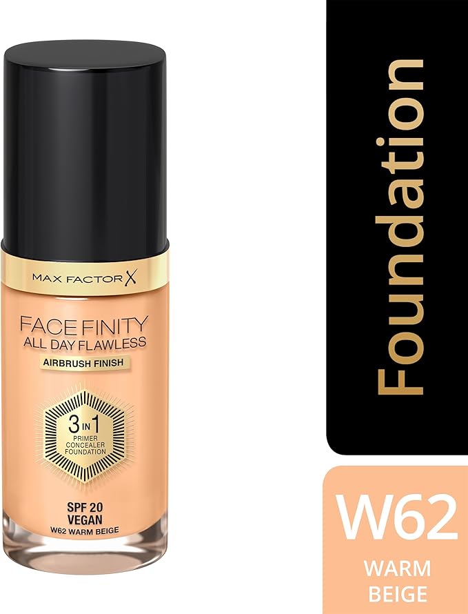 Max Factor Facefinity 3-in-1 All Day Flawless Liquid Foundation, SPF 20-62 Warm Beige, 30 ml-BrightBean Baby