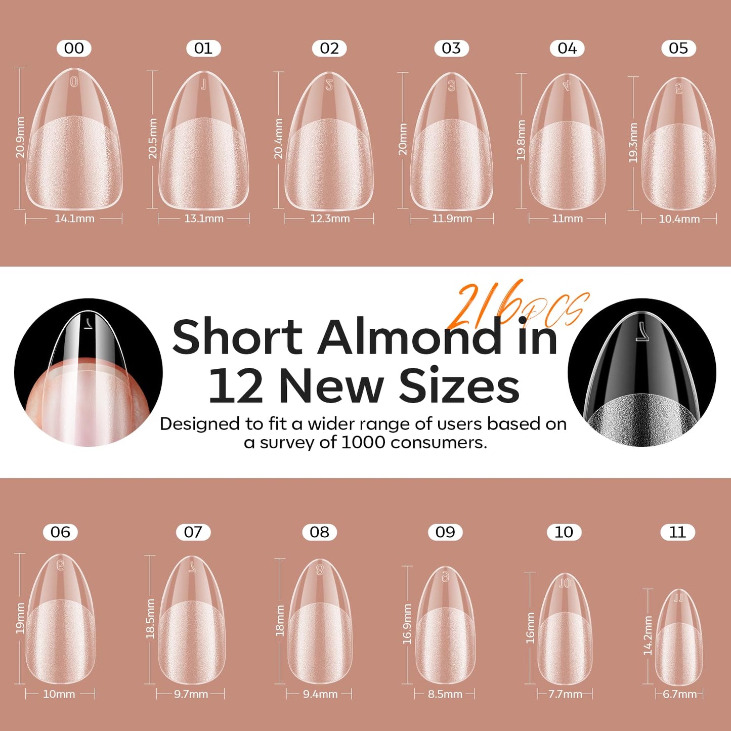 modelones Short Almond Gel Nail Tips Kit, 9-in-One Nail Glue with Portable U V Lamp 216Pcs 12Sizes Pre-Etched Press ons Fake Acrylic Extension Kit DIY Salon Gift for Women-BrightBean Baby