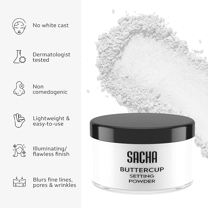 Sacha BUTTERCUP No Color Setting Powder Makeup 1.75 Oz. Translucent Setting Powder for Oily Skin Finishing Powder Loose Powder Makeup Blurring Powder Blurs Fine Lines and Pores For All Skin Tones-BrightBean Baby