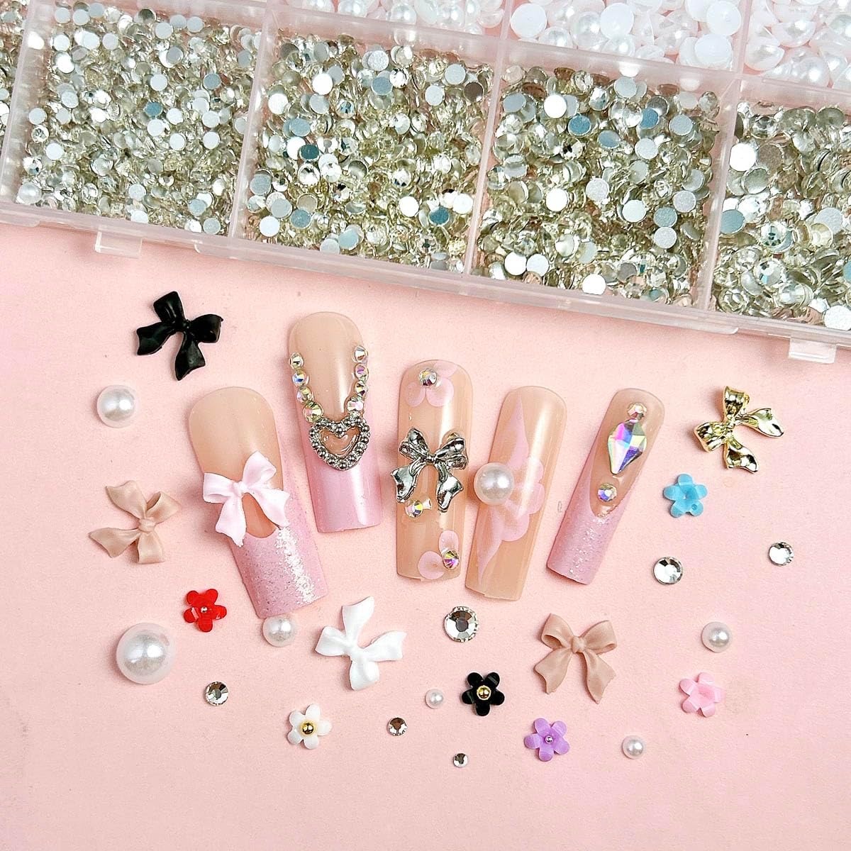 White Pearl Nail Charms and Gems, 3D Colorful Flower Kawaii Metal Bow Charms for Nail Art Rhinestone Nail for Manicure DIY Crafts Jewelry Accessories-BrightBean Baby