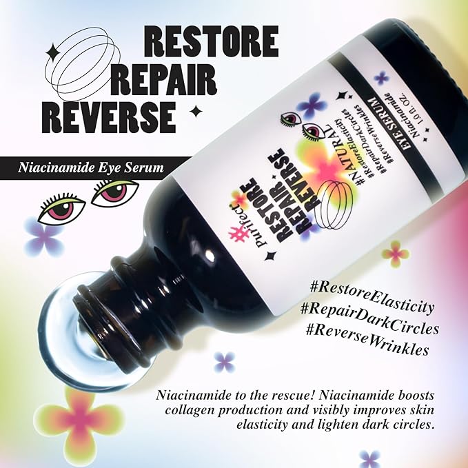 Made in USA Natural Peptide Retinol Niacinamide Eye Serum Anti Aging Brightening Firming Under Eye Care Non-greasy Formula - 1oz/30ml (#Purifect RestoreRepairReverse Niacinamide Eye Serum)-BrightBean Baby