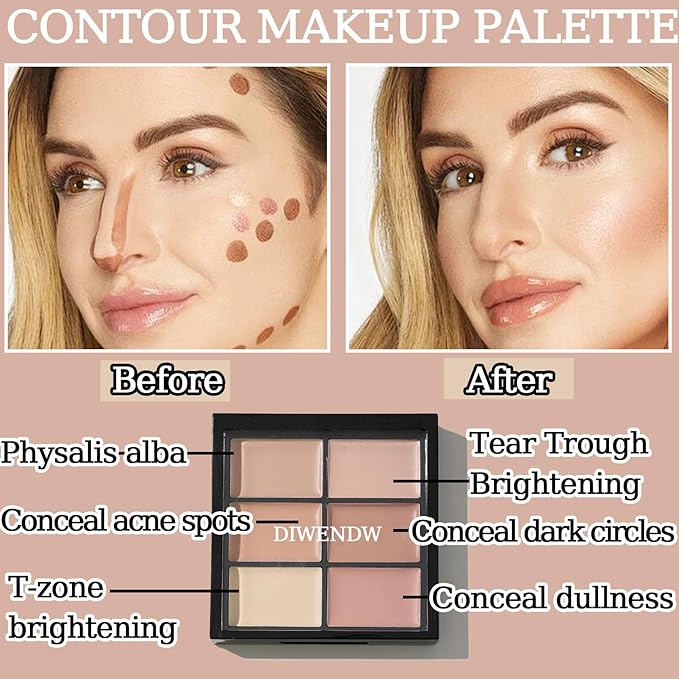 6 Colors Correcting Concealer Palette,Colors Corrector Palette,Moisturizing Full Coverage Liquid Foundation Cream Contour Makeup Palette with Brush-BrightBean Baby