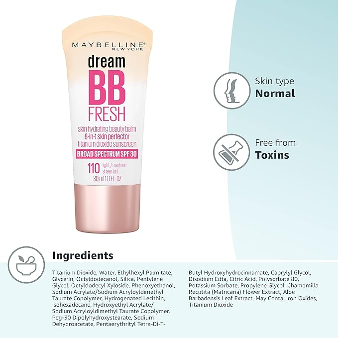 Maybelline Dream Fresh Skin Hydrating BB cream, 8-in-1 Skin Perfecting Beauty Balm with Broad Spectrum SPF 30, Sheer Tint Coverage, Oil-Free, Light/Medium, 1 Fl Oz-BrightBean Baby