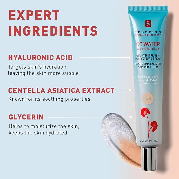 Erborian CC Water with Hyaluronic Acid, Clair - Ultra-Light Aqua Gel Color Corrector with Centella Asiatica & Hyaluronic Acid - Plump, Softer & Hydrated Skin - Korean Skincare Skin Perfector- 0.5 Oz-BrightBean Baby