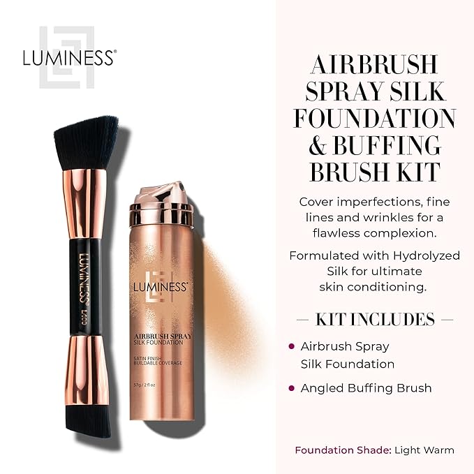 LUMINESS Silk Airbrush Spray Foundation & Buffing Brush Kit – Full Coverage Foundation & Dual-Sided Buffing Brush - Buildable Coverage, Anti-Aging Formula Hydrates & Moisturizes (Shade - Light Warm)-BrightBean Baby