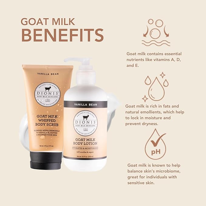 Dionis - Goat Milk Skincare Vanilla Bean Scented Sugar Scrub & Lotion Set (6 oz and 8.5 oz) - Made in the USA - Cruelty-free and Paraben-free-BrightBean Baby
