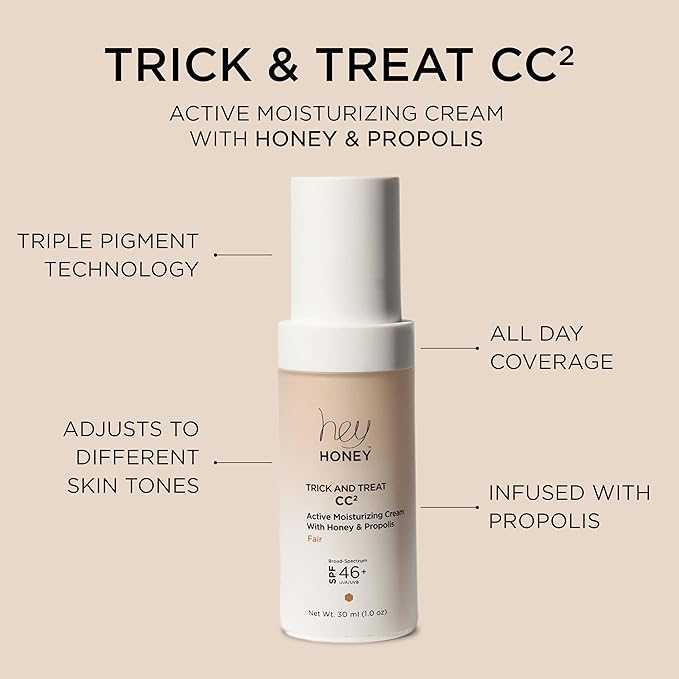 Hey Honey Trick and Treat CC² Cream SPF 46 | Active Moisturizing Color Correcting Cream with Honey & Propolis | Best Cover For Rosacea, Skin Redness & Mature Skin | Cruelty-Free | 1 oz (Fair Tone)-BrightBean Baby
