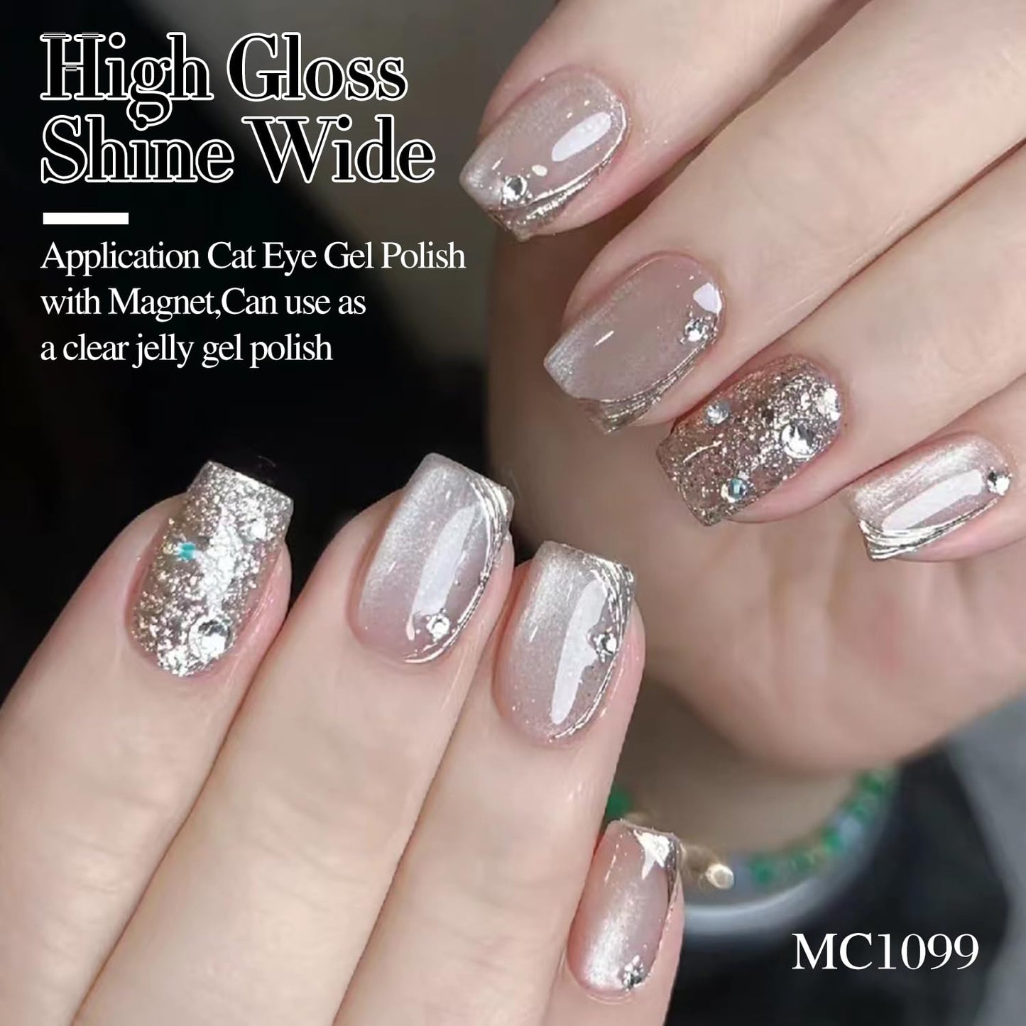 Double Rhythm Jelly Glass Cat Eye Gel Polish with Magnet 15ML Holographic Glitter Shimmer Translucent Sheer Color Magnetic Nail Polish Salon DIY at Home (Jelly Silver-MC1099)-BrightBean Baby