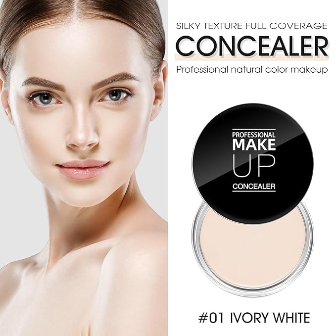 Cream Concealer Full Coverage Makeup, Matte Color Correcting Concealer with Brush, Waterproof, Conceals Blemish, Pores and Spots, Under Eye Makeup Concealer for Dark Circles (#01 IVORY WHITE)-BrightBean Baby