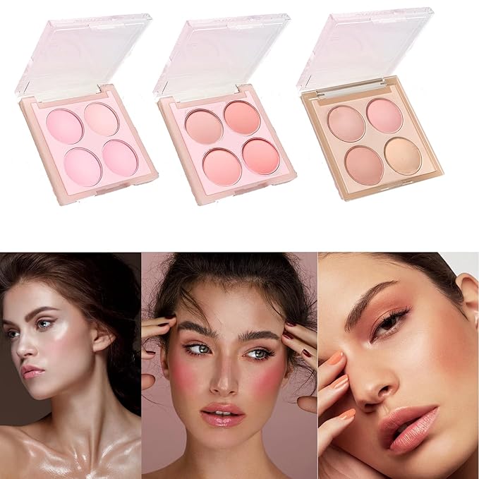 Matte Blush Powder Palette, Blending Mood Cheek, 4 Blendable Shades Korean Fairy Pink Blusher in Lightweight Smooth Powder, Vegan Makeup (Cantaloupe 3#, 1.84 ounces)-BrightBean Baby