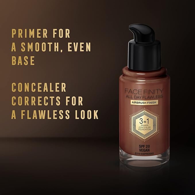 Max Factor Facefinity 3-in-1 All Day Flawless Liquid Foundation, SPF 20-110 Espresso, 30 ml-BrightBean Baby