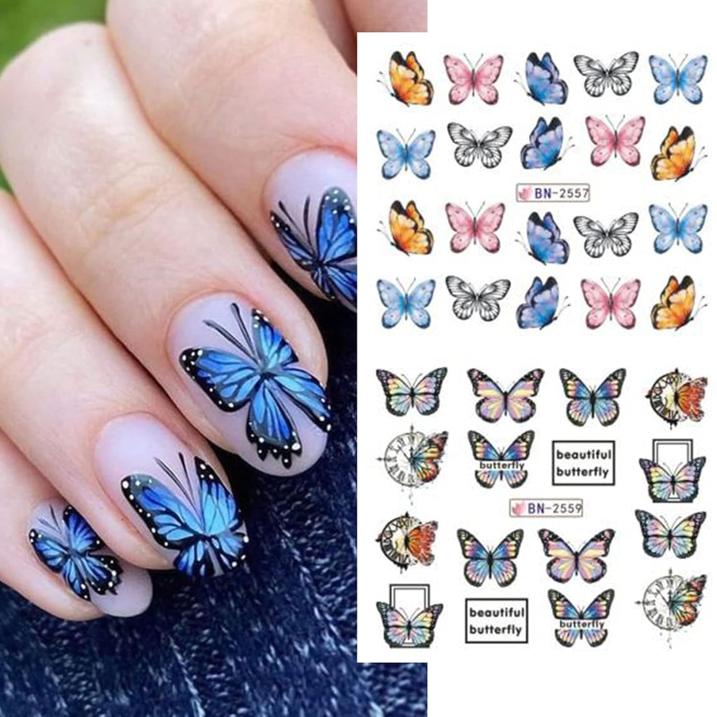 Butterfly Nail Art Sticker Colorful Butterfly Water Transfer Nail Stickers Decal Summer Nail Art Supplies for Acrylic Nail DIY Decoration Manicure Tip 12 Sheets-BrightBean Baby