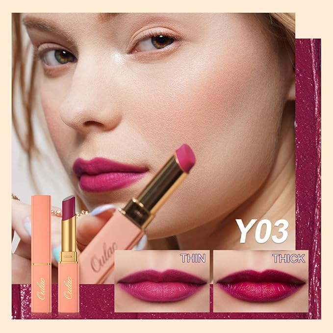 Oulac Creamy Matte Lipstick for Women, Lipstick & Blush Duo, Magenta Soft Satin Finish Lipsticks with Moisturising Formula, Rich Color Lightweight Lip Balm, Rose Oil,Vegan & Cruelty-Free| 3.6g (Y03)-BrightBean Baby