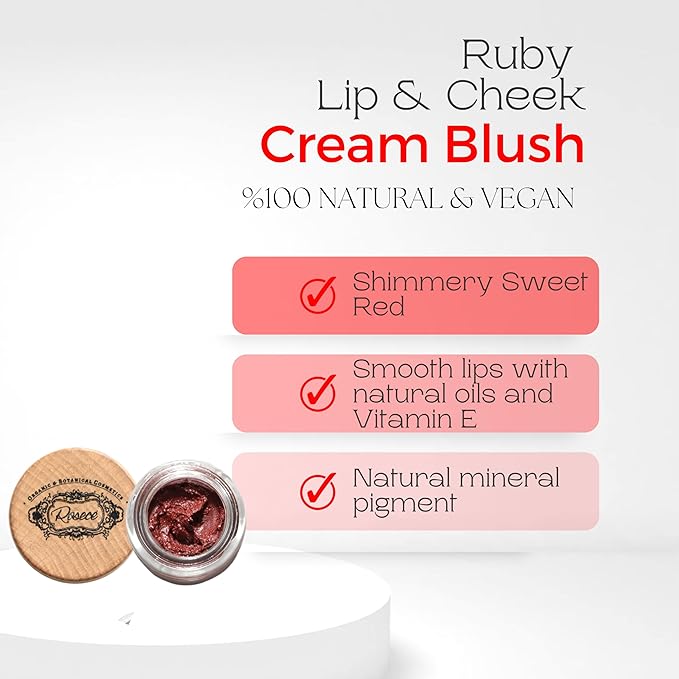 2-in-1 Cream Cheek Blush + Lip Color | Natural Mineral pigment | Soft Lips with natural oils and Vitamin E | 100% Plant ingredients, Vegan (Sweet RED/Shimmery-RUBY, 0.25fl oz)