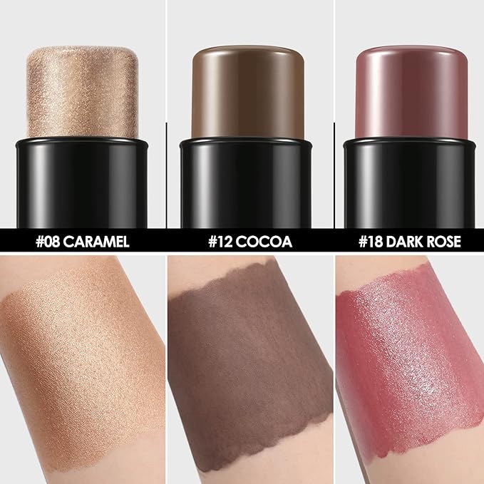 FOCALLURE 3 Pcs Cream Contour Sticks,Shades with Highlighter & Bronzer & Blush,Non-greasy Long-wear Face Contouring Pen,Easy to Sculpt the Face and Create a Lightweight Finishing Makeup,MEDIUM-DEEP-BrightBean Baby