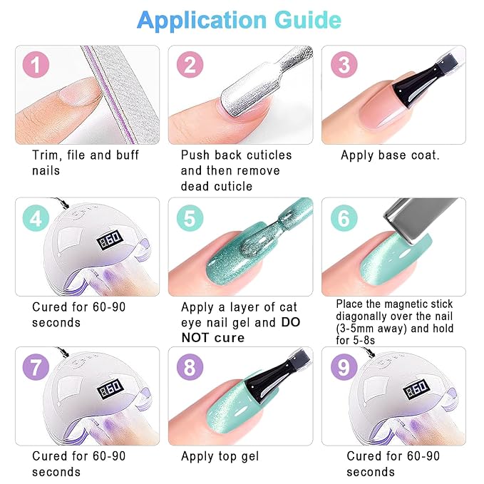 RARJSM Glass Jelly Cat Eye Gel Nail Polish Set 6pcs Reflective Sparkly Diamond Glitter Nude Pink Lake Blue Green Purple Clear Cateye Gelpolish with Magnet Stick 7.5ml Curing Requires for Home Salon-BrightBean Baby